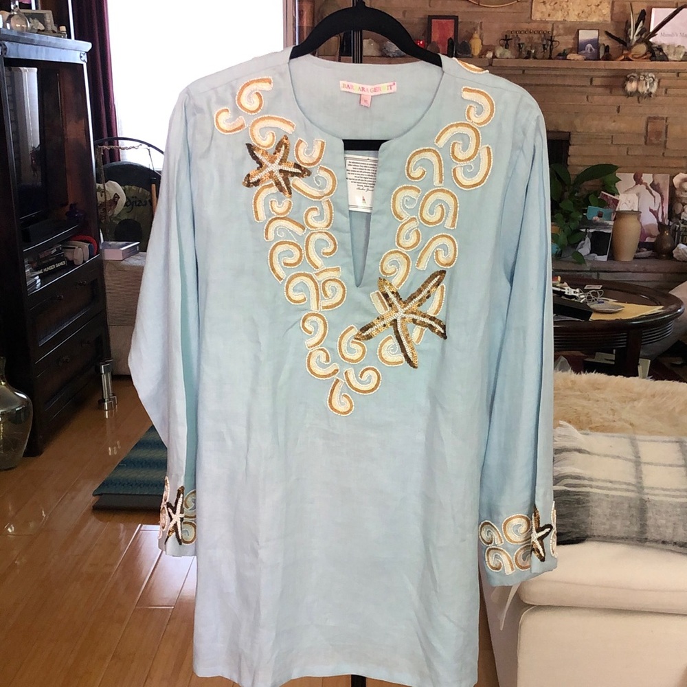 Barbara Gerwit Light Blue Embroidered Tunic with Gold Starfish Accents